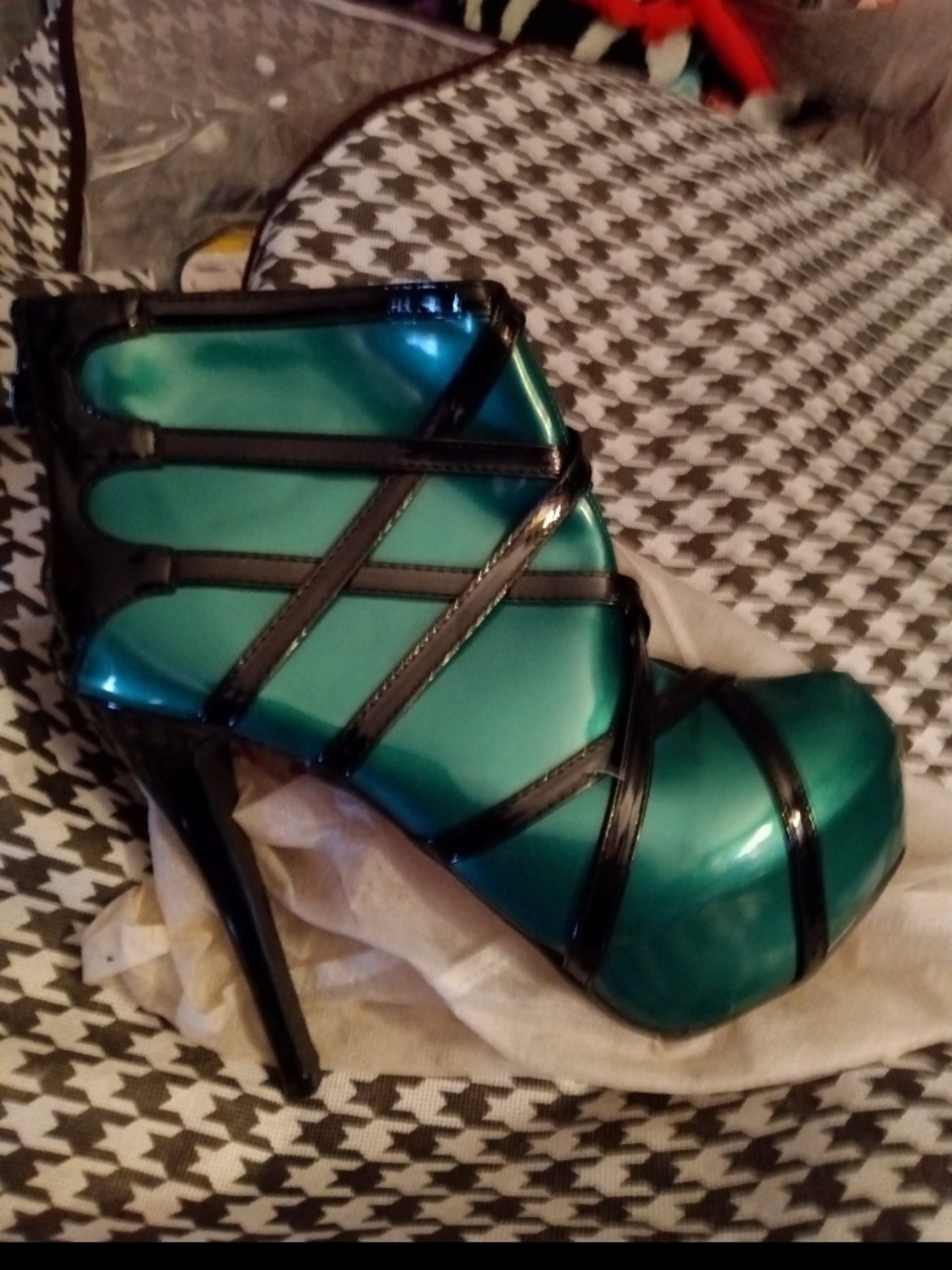 Emerald Green High-Heel Ankle Bootie with Black Straps